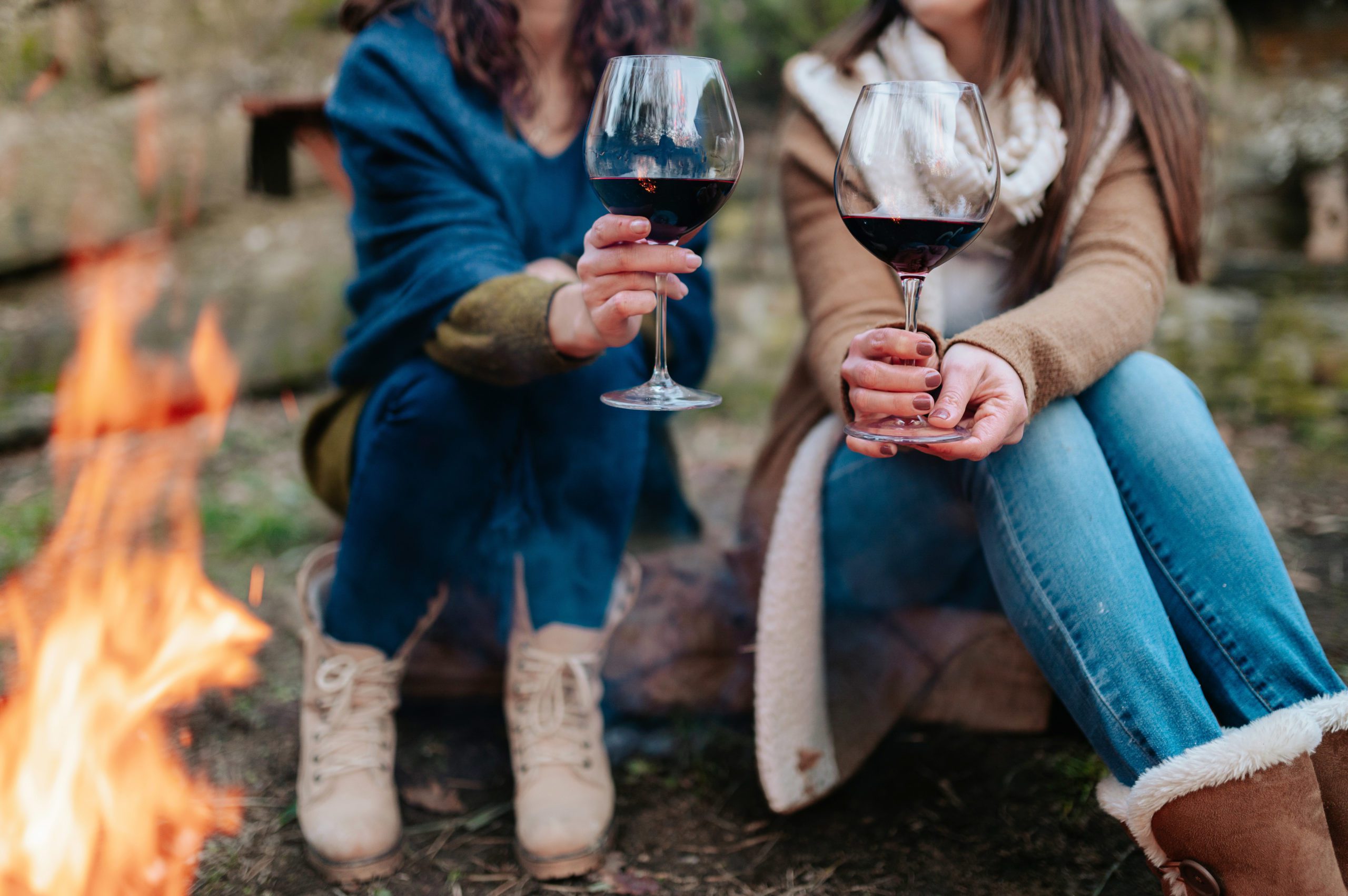 friends drinking wine by fire